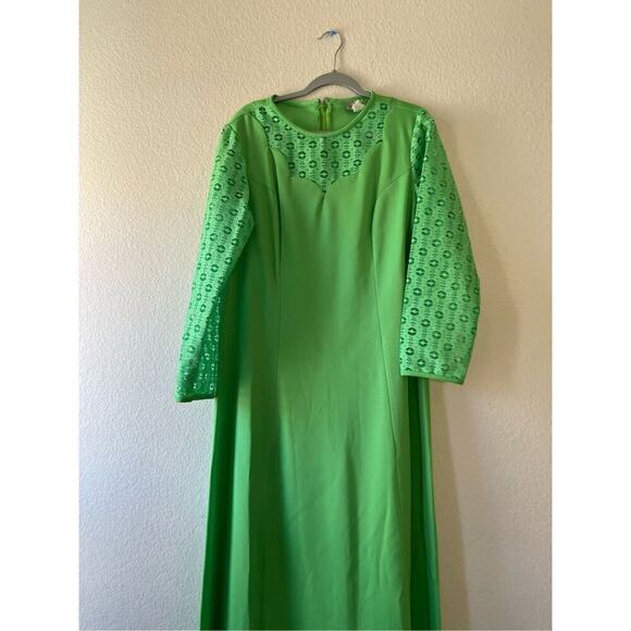 Lime Green Vintage‎ 1970s Long Dress with lace sleeves maxi size xl - Picture 2 of 5